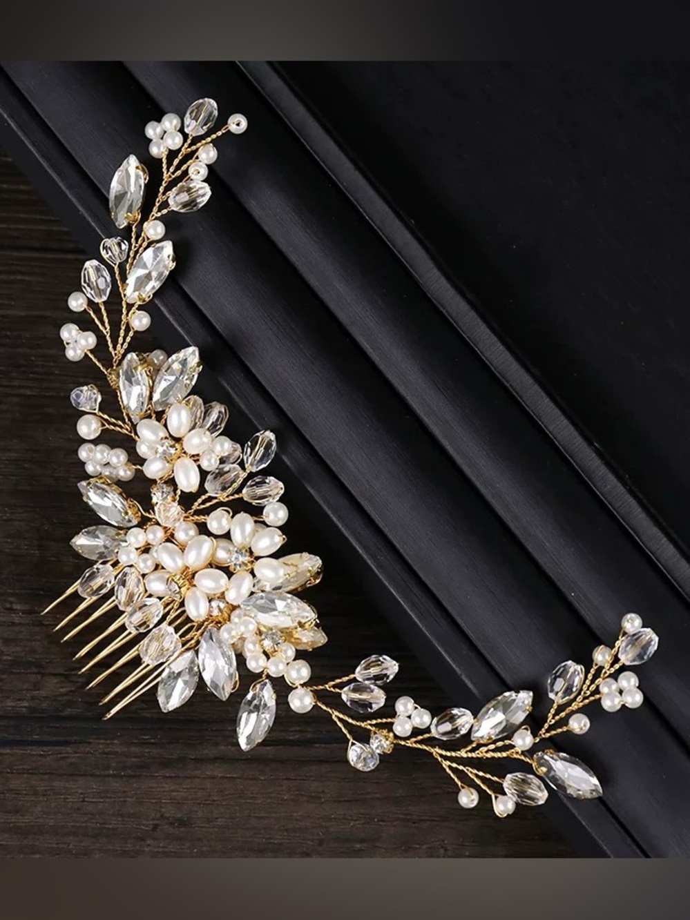 Anthropologie Gold Pearl & Crystal Floral Hair Comb